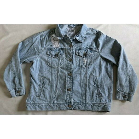 Garage Women Denim Jacket Light Distressed Boyfriend Fit Cotton Oversized Size L - Picture 1 of 8